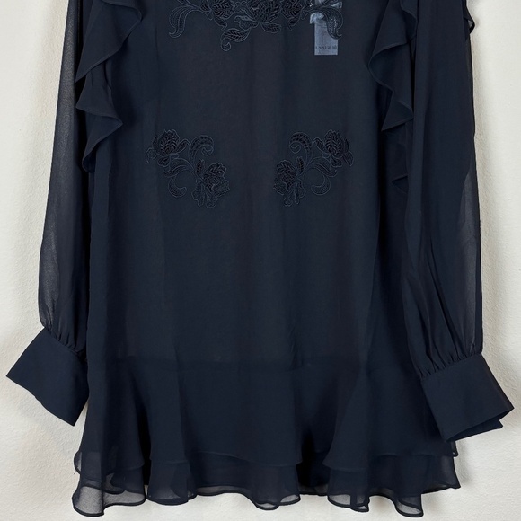 WHBM Black Sheer Long Sleeve Tunic Blouse with Floral Appliqué/Ruffle Accent NWT - Picture 3 of 13